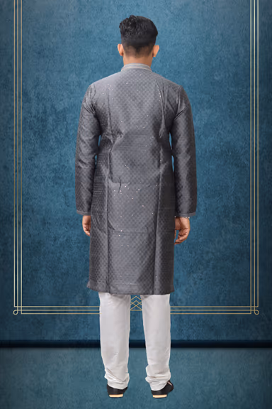 Grey Colour Ethnic Kurtha In Golden Threadwork Textured Dupion Silk Fabric And White Bottom — view 4 of 5