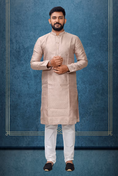 Hazelnut Colour Ethnic Kurtha In Golden Threadwork Textured Dupion Silk Fabric And White Bottom — view 1 of 4