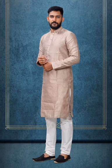 Hazelnut Colour Ethnic Kurtha In Golden Threadwork Textured Dupion Silk Fabric And White Bottom — view 3 of 4