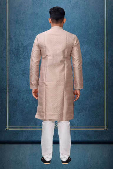 Hazelnut Colour Ethnic Kurtha In Golden Threadwork Textured Dupion Silk Fabric And White Bottom — view 4 of 4