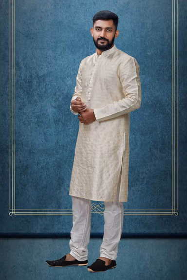 Ivory White Ethnic Kurtha In Golden Threadwork Textured Dupion Silk Fabric And White Bottom — view 2 of 5