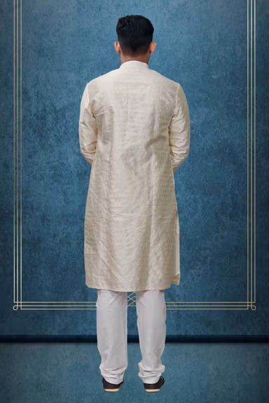 Ivory White Ethnic Kurtha In Golden Threadwork Textured Dupion Silk Fabric And White Bottom — view 4 of 5