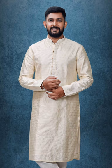 Ivory White Ethnic Kurtha In Golden Threadwork Textured Dupion Silk Fabric And White Bottom — view 3 of 5