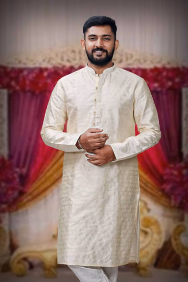 Ivory White Ethnic Kurtha In Golden Threadwork Textured Dupion Silk Fabric And White Bottom — view 5 of 5