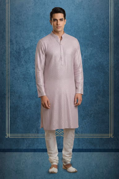Pastel Pink Kurta With Intricate Subtle Tone On Tone Pattern And V Neckline — view 1 of 2