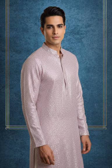 Pastel Pink Kurta With Intricate Subtle Tone On Tone Pattern And V Neckline — view 2 of 2