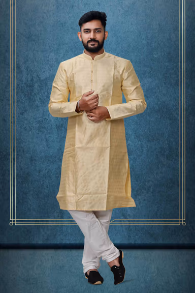 Pastel Yellow Ethnic Kurtha In Golden Threadwork Textured Dupion Silk Fabric And White Bottom — view 1 of 3