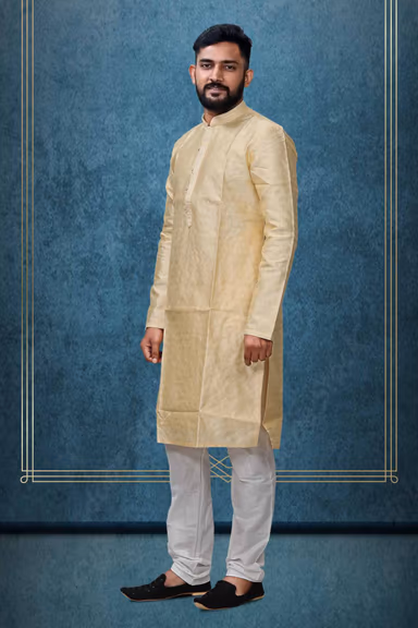 Pastel Yellow Ethnic Kurtha In Golden Threadwork Textured Dupion Silk Fabric And White Bottom — view 3 of 3