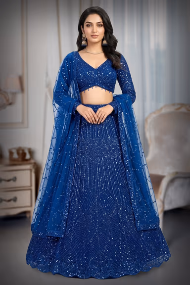 Exquisite Royal Blue Lehenga Set Featuring Shimmering All-Over Sequins, Matching Choli, And A Tulle Dupatta — view 2 of 2