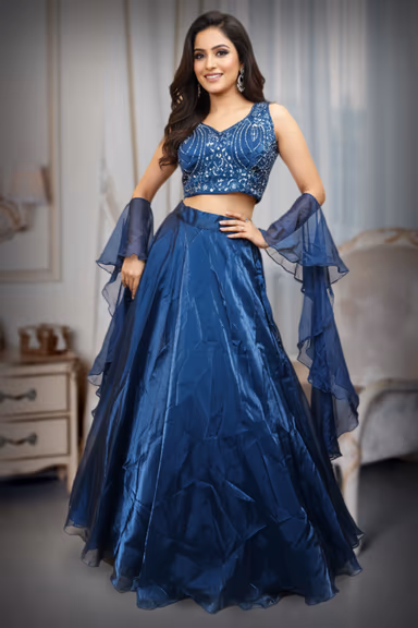Embellished V-Neck Crop Top with Taffeta Silk Lehenga — view 2 of 4