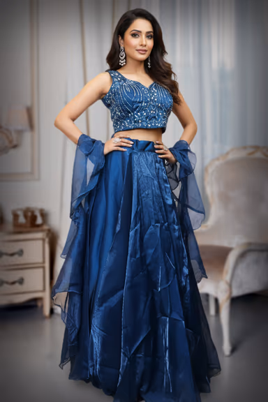 Embellished V-Neck Crop Top with Taffeta Silk Lehenga — view 3 of 4