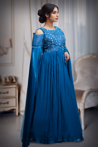 Navy Blue Cold Shoulder Gown With Extended Cape Sleeve Details — view 3 of 5