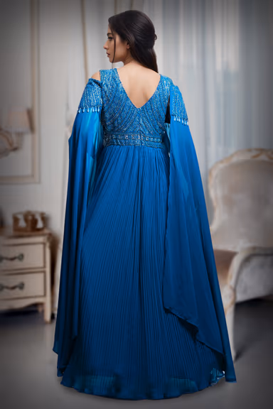 Navy Blue Cold Shoulder Gown With Extended Cape Sleeve Details — view 5 of 5