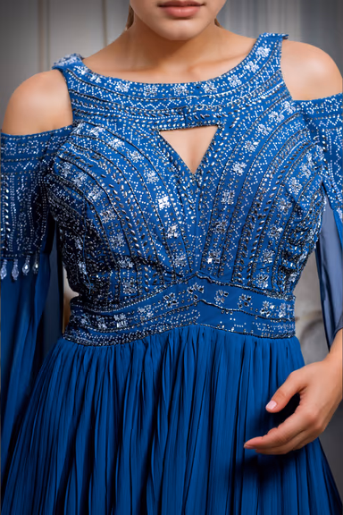 Navy Blue Cold Shoulder Gown With Extended Cape Sleeve Details — view 4 of 5