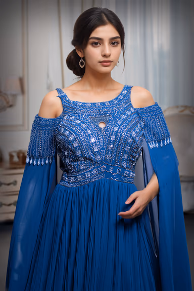 Navy Blue Cold Shoulder Gown With Extended Cape Sleeve Details — view 1 of 5