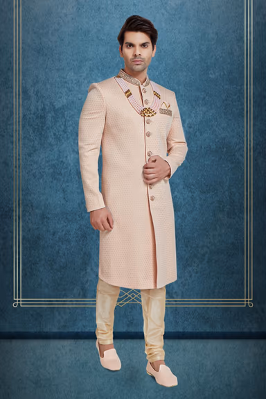 Baby Pink & Gold Silky Jacquard Sherwani — view 2 of 5