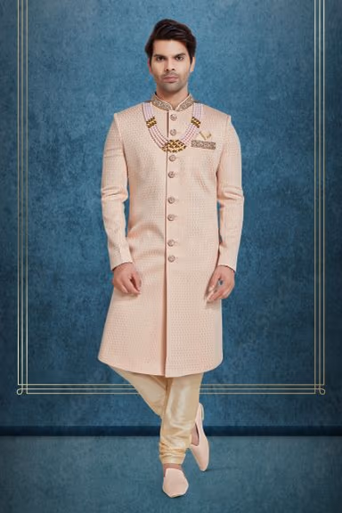 Baby Pink & Gold Silky Jacquard Sherwani — view 1 of 5