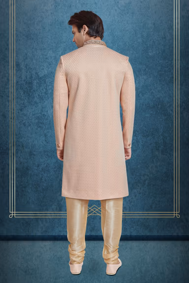 Baby Pink & Gold Silky Jacquard Sherwani — view 4 of 5