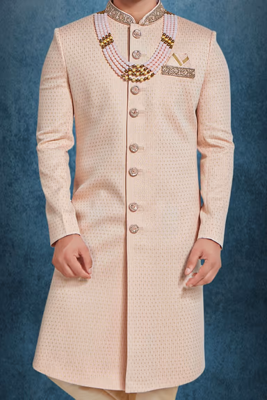 Baby Pink & Gold Silky Jacquard Sherwani — view 3 of 5