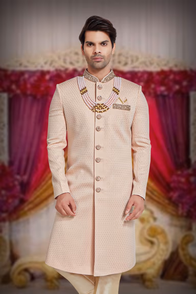 Baby Pink & Gold Silky Jacquard Sherwani — view 5 of 5