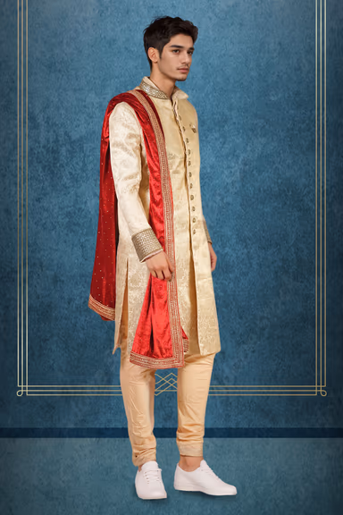 Bees and Floral Work Sherwani with Sugar Beads and Velvet Dupatta — view 2 of 3