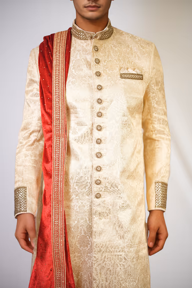 Bees and Floral Work Sherwani with Sugar Beads and Velvet Dupatta — view 3 of 3
