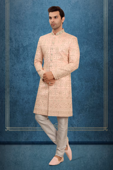 Blush Pink Embroidered Silk Sherwani Set with Matching Dupatta and Intricate Thread Work — view 4 of 6