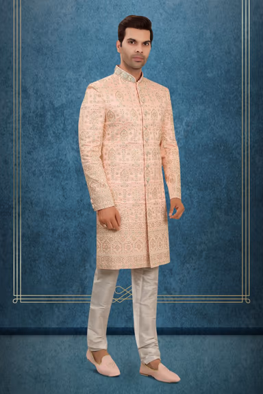 Blush Pink Embroidered Silk Sherwani Set with Matching Dupatta and Intricate Thread Work — view 3 of 6