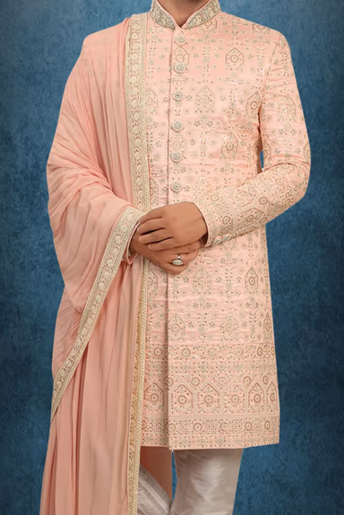 Blush Pink Embroidered Silk Sherwani Set with Matching Dupatta and Intricate Thread Work — view 5 of 6