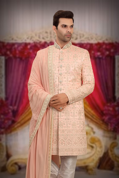 Blush Pink Embroidered Silk Sherwani Set with Matching Dupatta and Intricate Thread Work — view 6 of 6