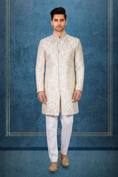 Cream Sherwani with Beige Floral Threadwork and Chess Patterned Collar — view 1 of 2