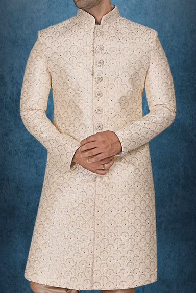 Cream & Gold Self-Textured Brocade Silk Sherwani — view 5 of 6