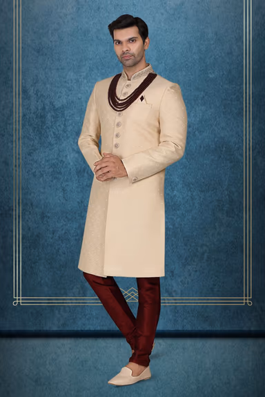 Classic Cream Textured Sherwani with Maroon Beads — view 3 of 6
