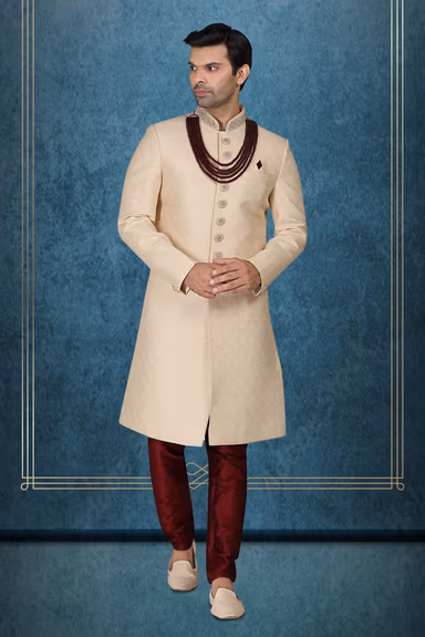 Classic Cream Textured Sherwani with Maroon Beads — view 2 of 6