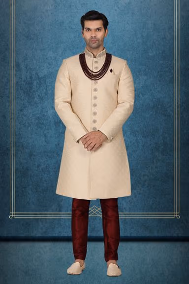 Classic Cream Textured Sherwani with Maroon Beads — view 1 of 6