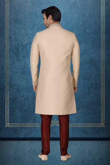 Classic Cream Textured Sherwani with Maroon Beads — view 4 of 6