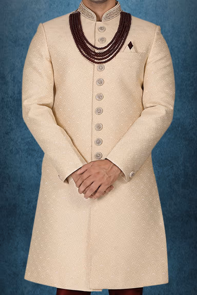 Classic Cream Textured Sherwani with Maroon Beads — view 5 of 6