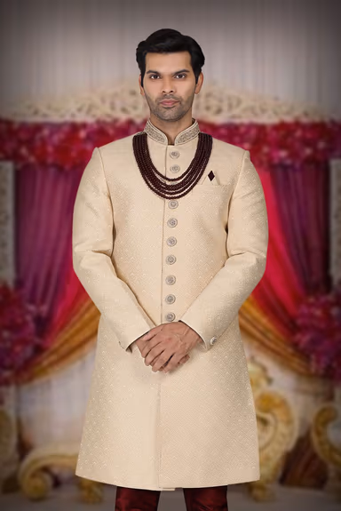 Classic Cream Textured Sherwani with Maroon Beads — view 6 of 6