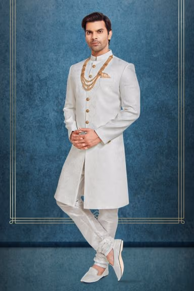 Cream And White Raw Silk Sherwani — view 1 of 6