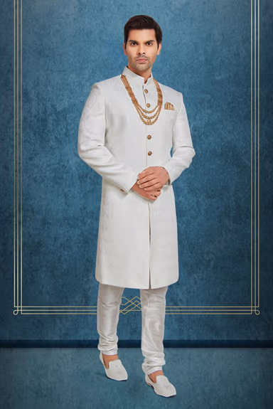 Cream And White Raw Silk Sherwani — view 3 of 6