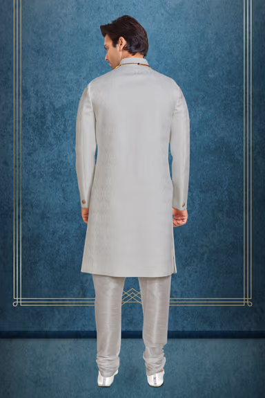 Cream And White Raw Silk Sherwani — view 4 of 6