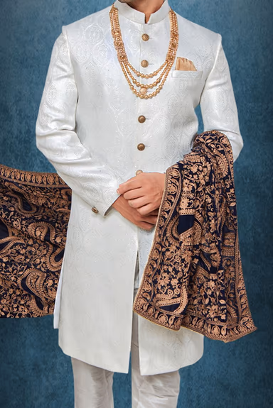 Cream And White Raw Silk Sherwani — view 5 of 6