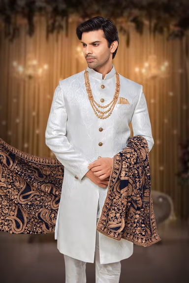 Cream And White Raw Silk Sherwani — view 6 of 6