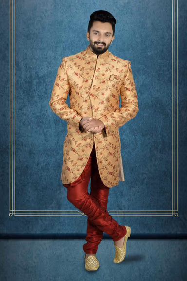 Curvy hem cut Peach Base Red Jaquard Sherwani — view 1 of 6
