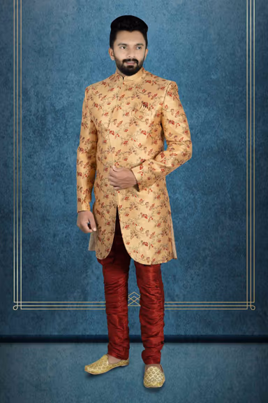 Curvy hem cut Peach Base Red Jaquard Sherwani — view 2 of 6