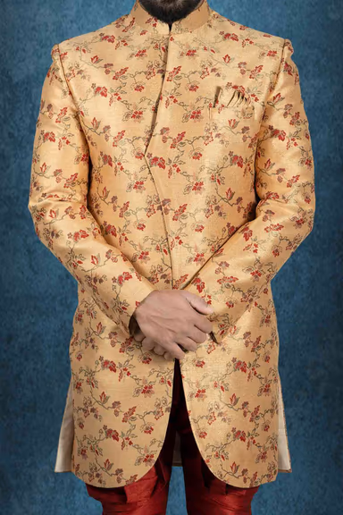 Curvy hem cut Peach Base Red Jaquard Sherwani — view 3 of 6