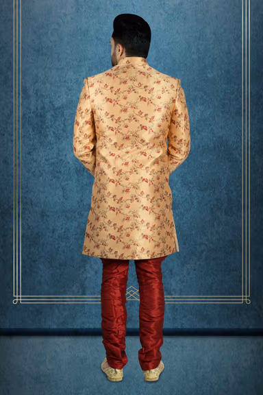 Curvy hem cut Peach Base Red Jaquard Sherwani — view 5 of 6