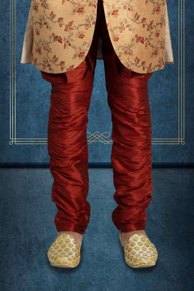Curvy hem cut Peach Base Red Jaquard Sherwani — view 4 of 6