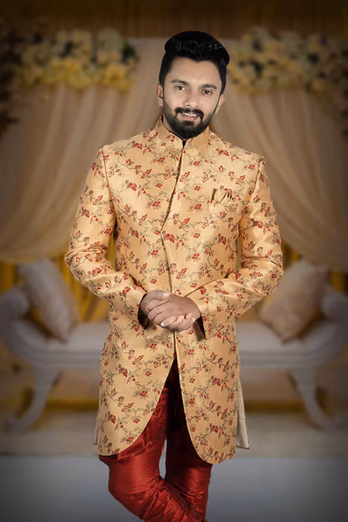Curvy hem cut Peach Base Red Jaquard Sherwani — view 6 of 6