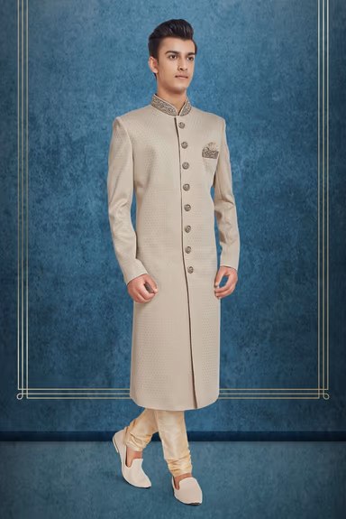 Dusty White & Gold Printed Silky Jacquard Sherwani — view 4 of 6